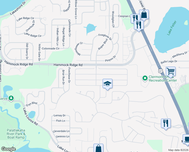 map of restaurants, bars, coffee shops, grocery stores, and more near 1042 Harmony Lane in Clermont