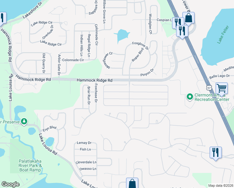 map of restaurants, bars, coffee shops, grocery stores, and more near 1023 Glenraven Lane in Clermont