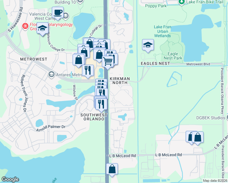 map of restaurants, bars, coffee shops, grocery stores, and more near 5578 Metrowest Boulevard in Orlando
