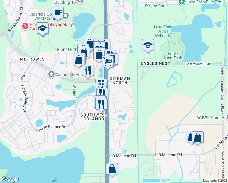 map of restaurants, bars, coffee shops, grocery stores, and more near 5572 Metrowest Boulevard in Orlando