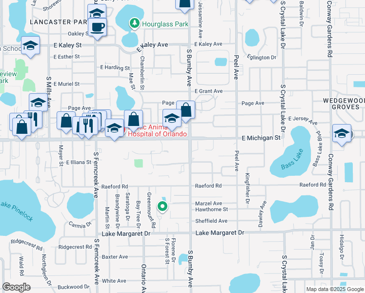 map of restaurants, bars, coffee shops, grocery stores, and more near 2350 East Michigan Street in Orlando
