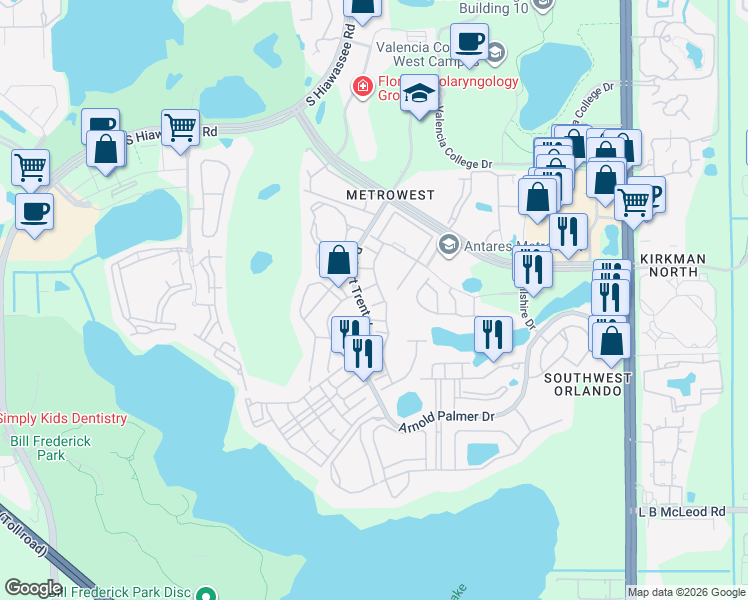map of restaurants, bars, coffee shops, grocery stores, and more near 6425 Agastia Court in Orlando