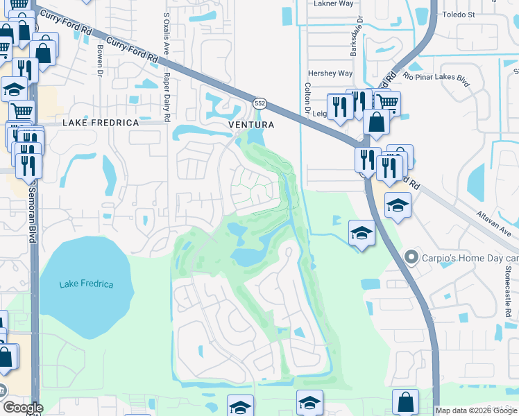 map of restaurants, bars, coffee shops, grocery stores, and more near 6322 Greengate Drive in Orlando