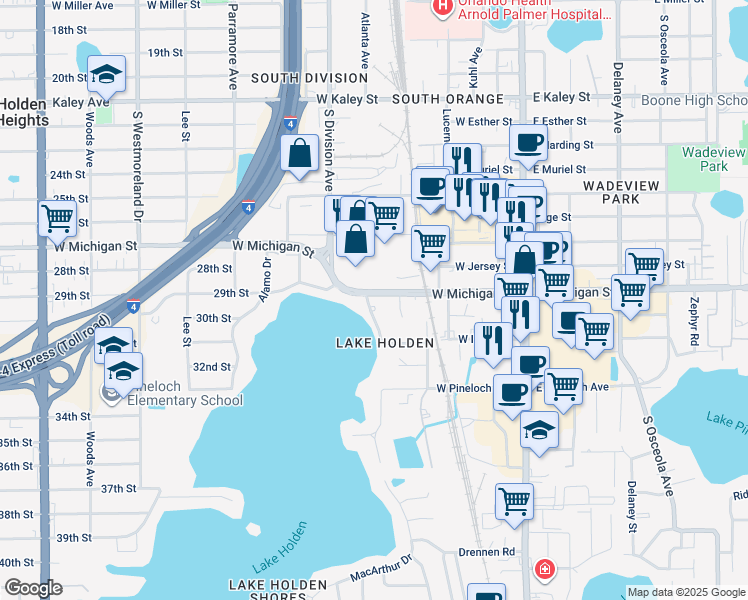map of restaurants, bars, coffee shops, grocery stores, and more near 226 West Michigan Street in Orlando