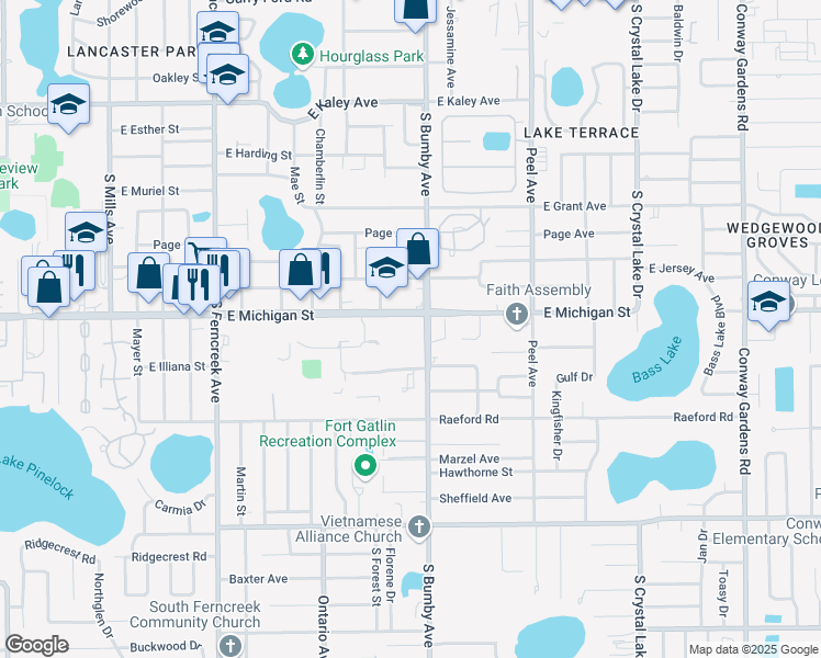map of restaurants, bars, coffee shops, grocery stores, and more near 2350 East Michigan Street in Orlando