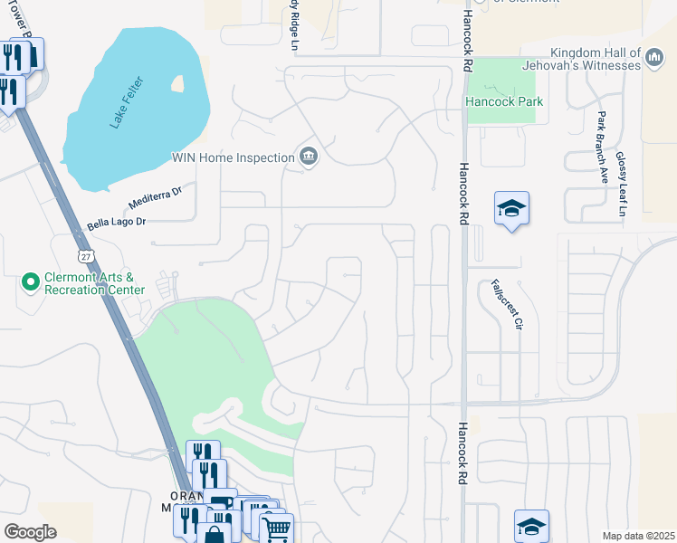 map of restaurants, bars, coffee shops, grocery stores, and more near 2306 Grasmere Circle in Clermont