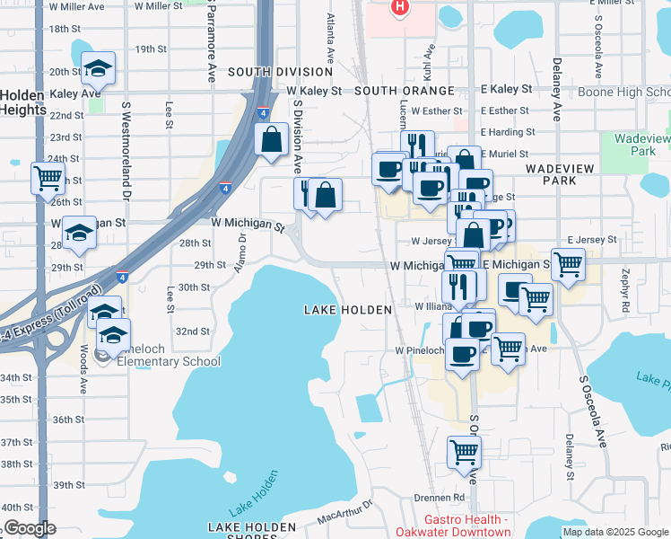 map of restaurants, bars, coffee shops, grocery stores, and more near 226 West Michigan Street in Orlando