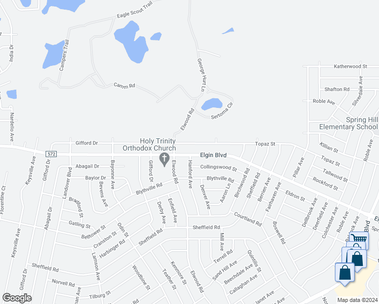 map of restaurants, bars, coffee shops, grocery stores, and more near 11259 Elgin Boulevard in Spring Hill