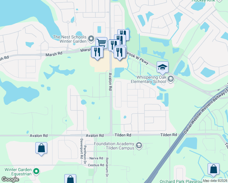 map of restaurants, bars, coffee shops, grocery stores, and more near 1929 Portcastle Circle in Winter Garden