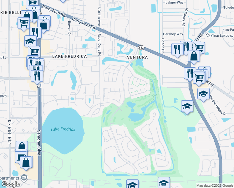map of restaurants, bars, coffee shops, grocery stores, and more near 6140 Sunnyvale Drive in Orlando
