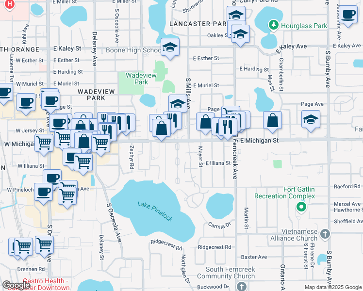 map of restaurants, bars, coffee shops, grocery stores, and more near 1068 East Michigan Street in Orlando