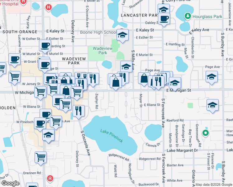 map of restaurants, bars, coffee shops, grocery stores, and more near 2723 Keystone Drive in Orlando