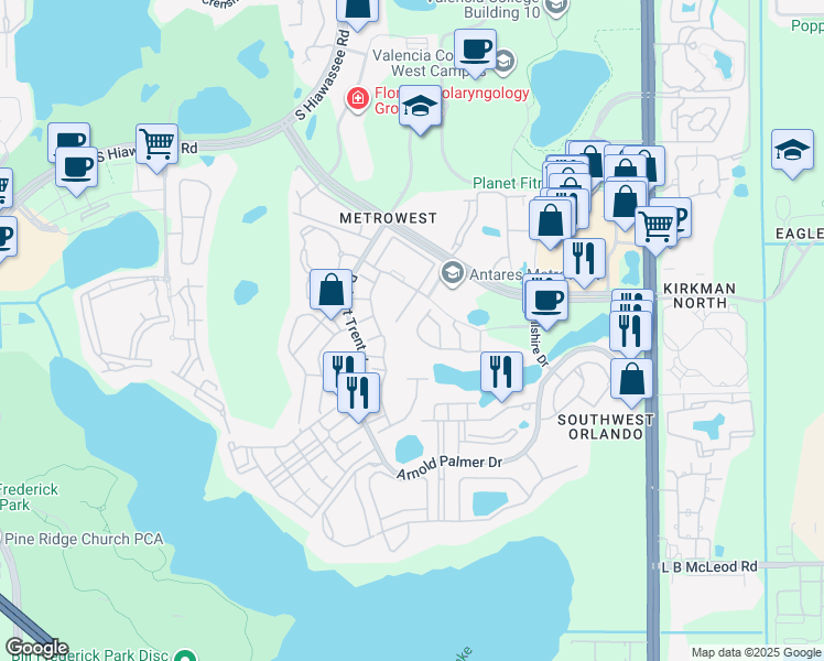 map of restaurants, bars, coffee shops, grocery stores, and more near 6310 Castelven Drive in Orlando