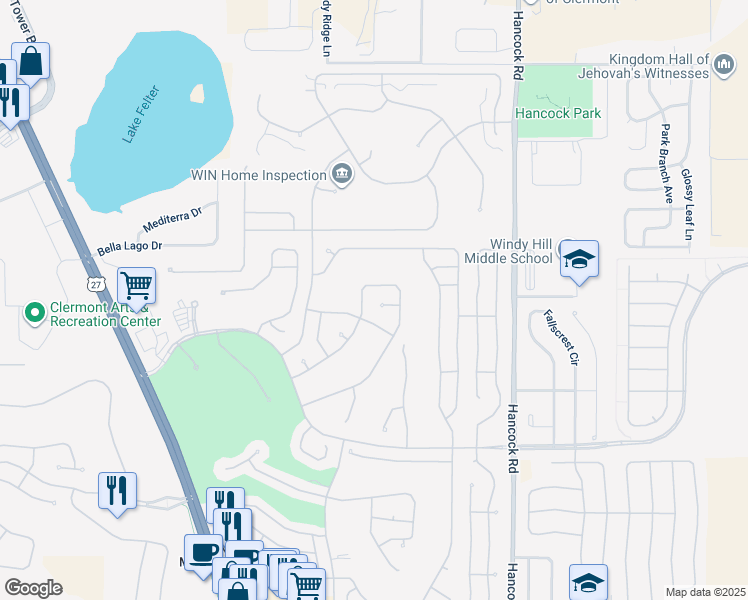 map of restaurants, bars, coffee shops, grocery stores, and more near 2311 Grasmere Circle in Clermont