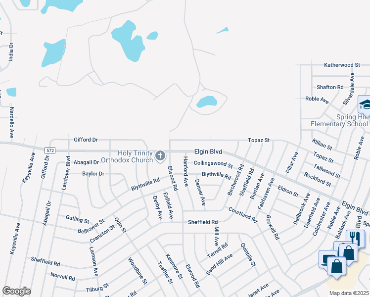 map of restaurants, bars, coffee shops, grocery stores, and more near 11259 Elgin Boulevard in Spring Hill