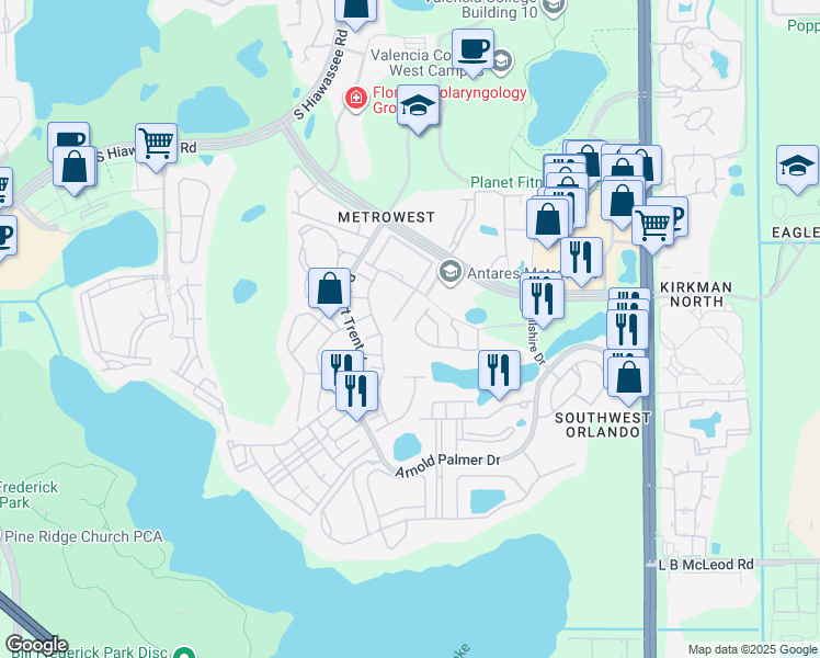 map of restaurants, bars, coffee shops, grocery stores, and more near 6310 Castelven Drive in Orlando