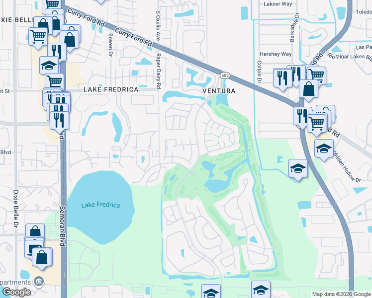 map of restaurants, bars, coffee shops, grocery stores, and more near 6140 Sunnyvale Drive in Orlando