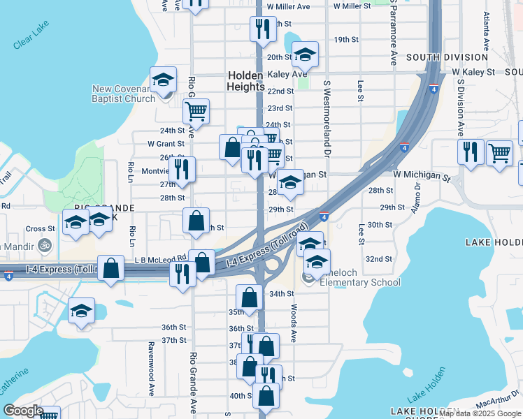 map of restaurants, bars, coffee shops, grocery stores, and more near S Orange Blossom Trail & 29th St in Orlando