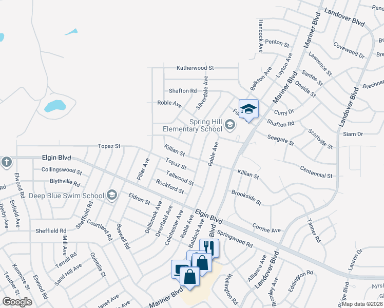 map of restaurants, bars, coffee shops, grocery stores, and more near 5410 Parnell Avenue in Spring Hill