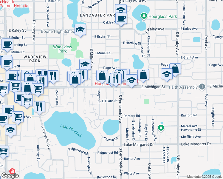 map of restaurants, bars, coffee shops, grocery stores, and more near 2615 South Brown Avenue in Orlando