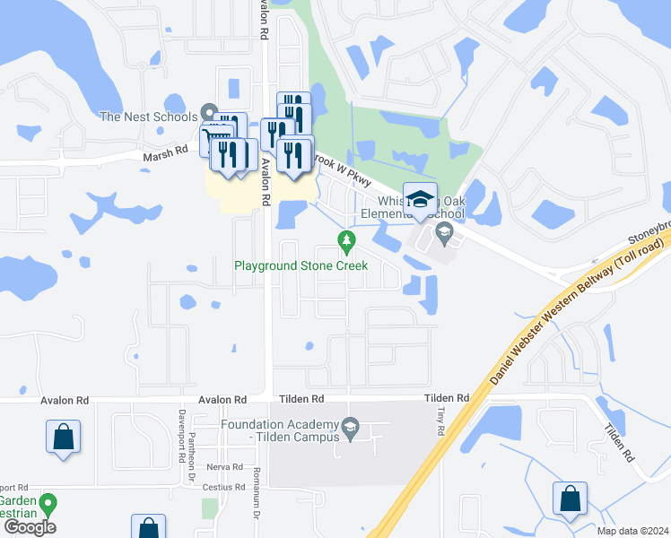 map of restaurants, bars, coffee shops, grocery stores, and more near 15312 Starleigh Road in Winter Garden