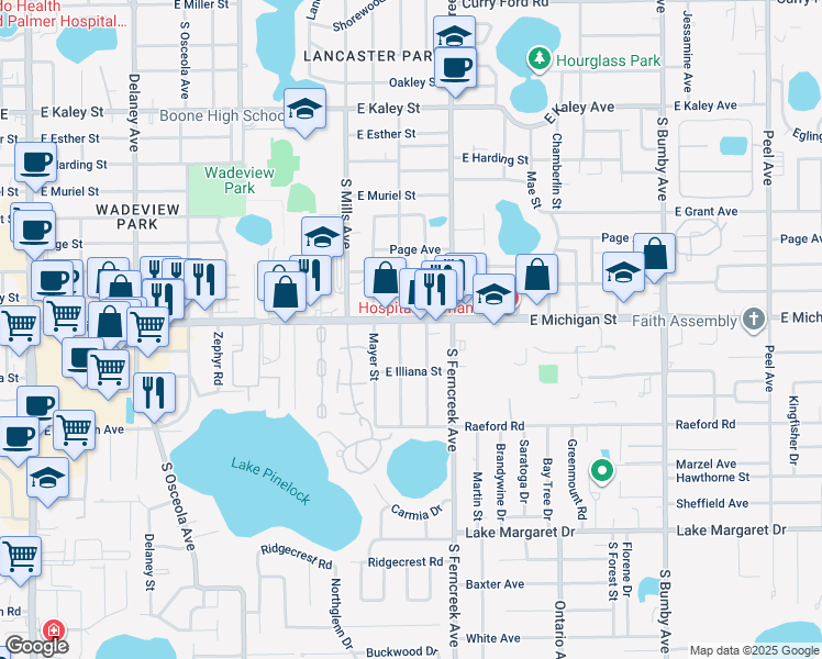 map of restaurants, bars, coffee shops, grocery stores, and more near 2615 South Brown Avenue in Orlando