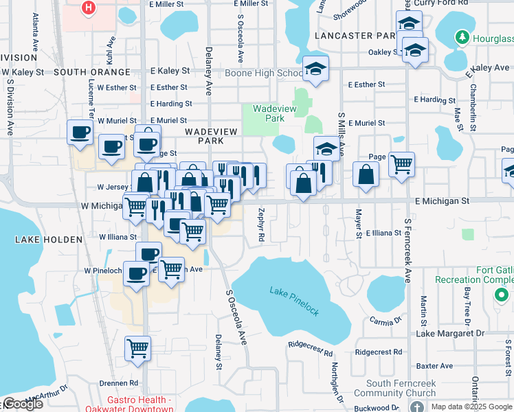 map of restaurants, bars, coffee shops, grocery stores, and more near 2676 Copley Lane in Orlando