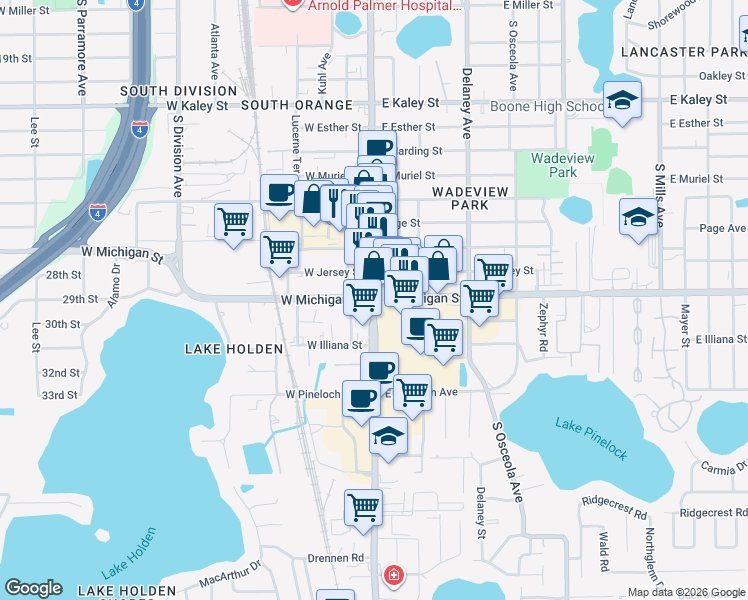 map of restaurants, bars, coffee shops, grocery stores, and more near 2600 South Orange Avenue in Orlando
