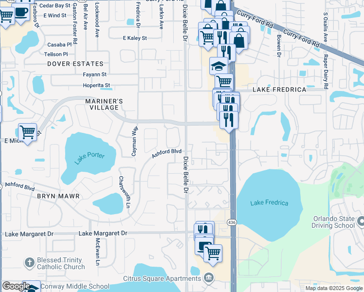 map of restaurants, bars, coffee shops, grocery stores, and more near 5444 East Michigan Street in Orlando