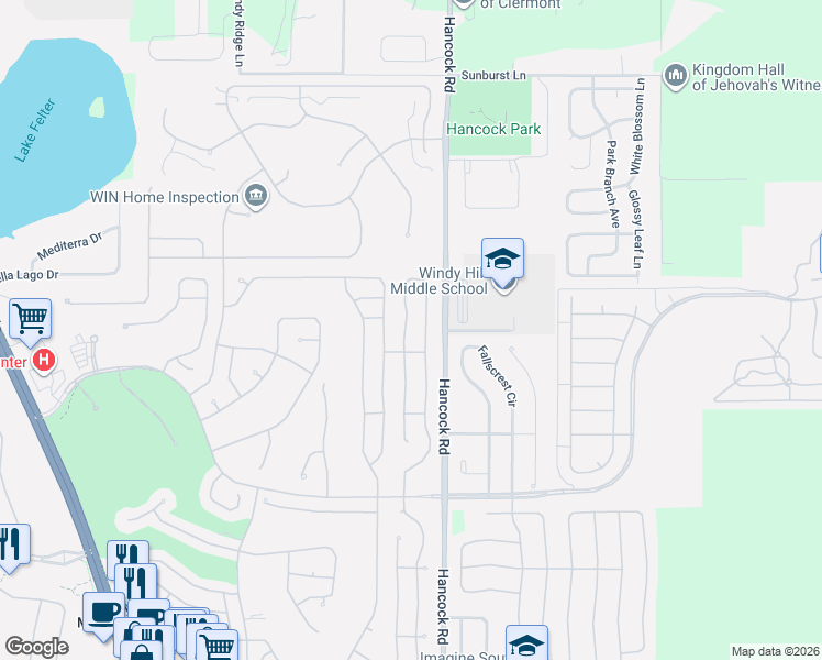map of restaurants, bars, coffee shops, grocery stores, and more near 3773 Eversholt Street in Clermont