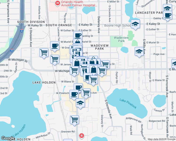 map of restaurants, bars, coffee shops, grocery stores, and more near Center Avenue in Orlando