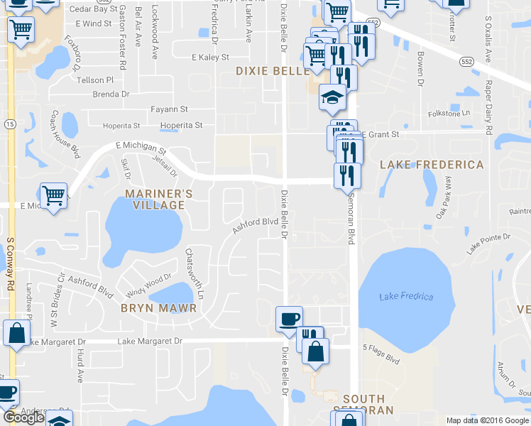 map of restaurants, bars, coffee shops, grocery stores, and more near 5444 East Michigan Street in Orlando