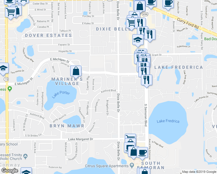 map of restaurants, bars, coffee shops, grocery stores, and more near 2833 Conover Avenue in Orlando