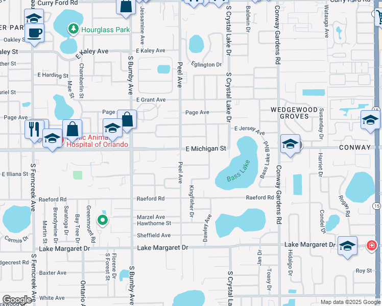 map of restaurants, bars, coffee shops, grocery stores, and more near 2823 East Michigan Street in Orlando