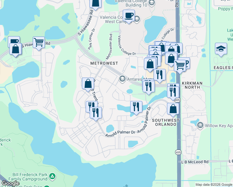 map of restaurants, bars, coffee shops, grocery stores, and more near 2804 Polvadero Lane in Orlando