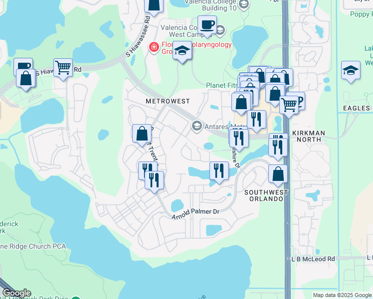 map of restaurants, bars, coffee shops, grocery stores, and more near 2804 Polvadero Lane in Orlando