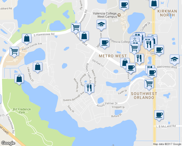 map of restaurants, bars, coffee shops, grocery stores, and more near 2679 Metro Sevilla Drive in Orlando