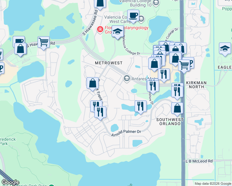 map of restaurants, bars, coffee shops, grocery stores, and more near 2804 Polvadero Lane in Orlando