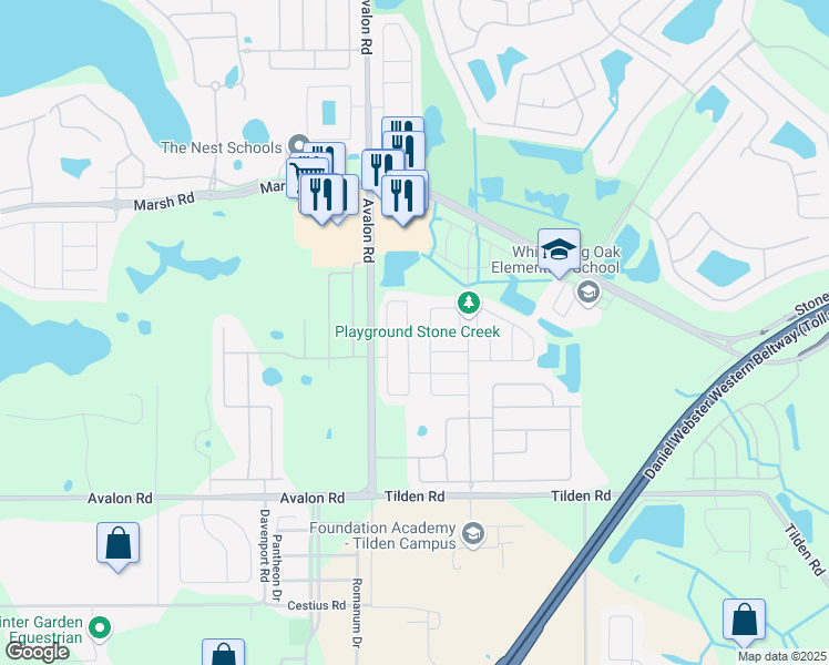 map of restaurants, bars, coffee shops, grocery stores, and more near 1642 Portcastle Circle in Winter Garden