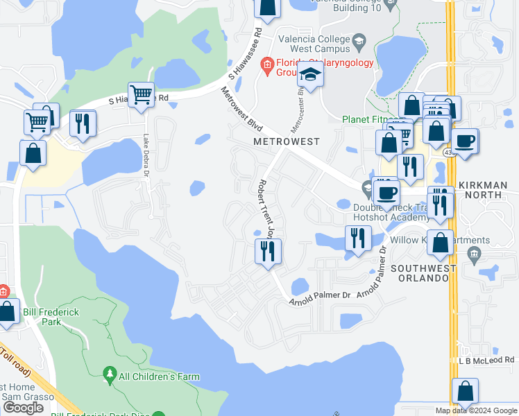 map of restaurants, bars, coffee shops, grocery stores, and more near 2674 Robert Trent Jones Drive in Orlando