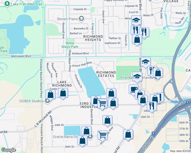 map of restaurants, bars, coffee shops, grocery stores, and more near 4331 Lake Richmond Drive in Orlando