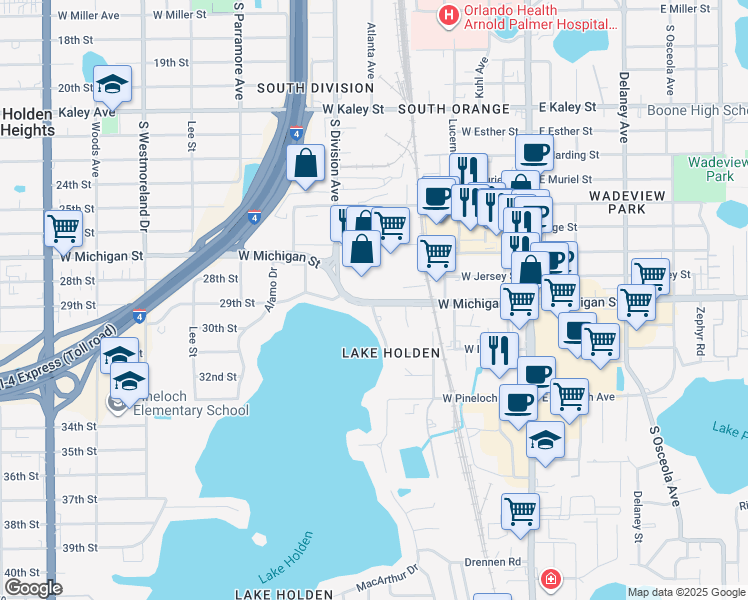 map of restaurants, bars, coffee shops, grocery stores, and more near 397 West Michigan Street in Orlando