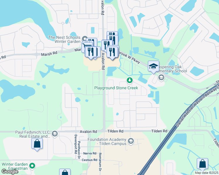 map of restaurants, bars, coffee shops, grocery stores, and more near 1847 Portcastle Circle in Winter Garden