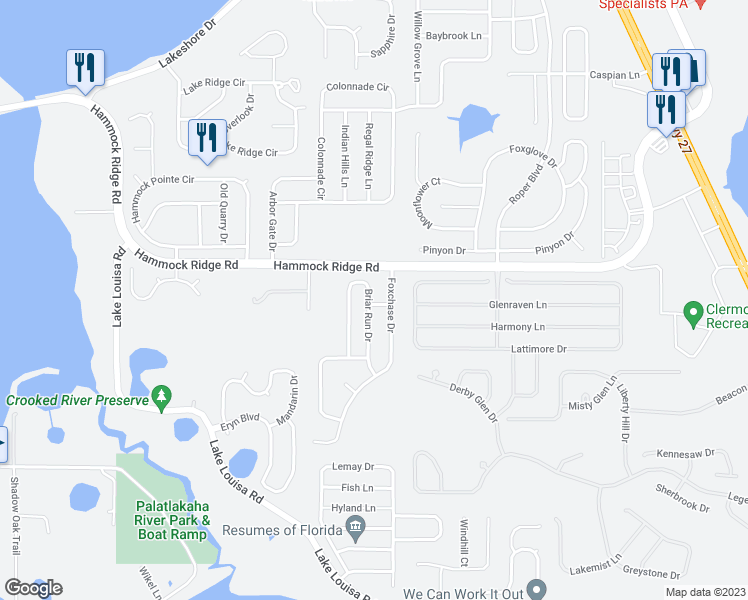map of restaurants, bars, coffee shops, grocery stores, and more near 3644 Briar Run Drive in Clermont