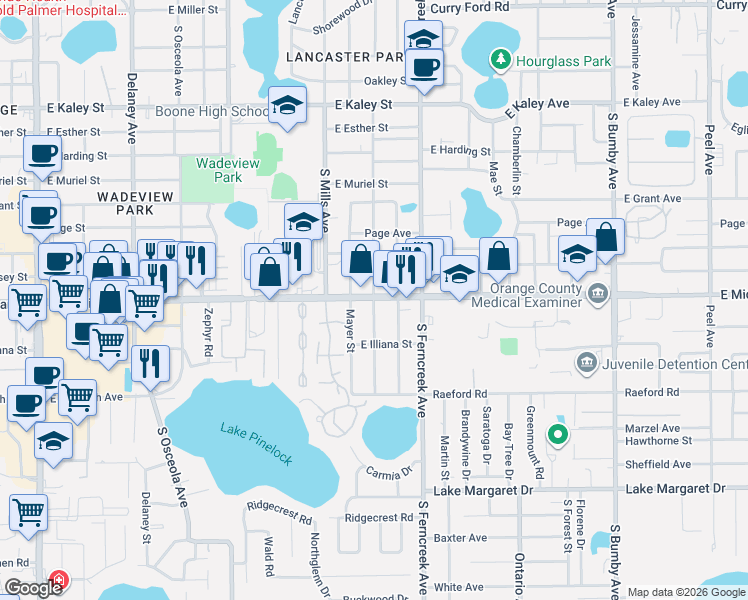 map of restaurants, bars, coffee shops, grocery stores, and more near 2615 South Brown Avenue in Orlando