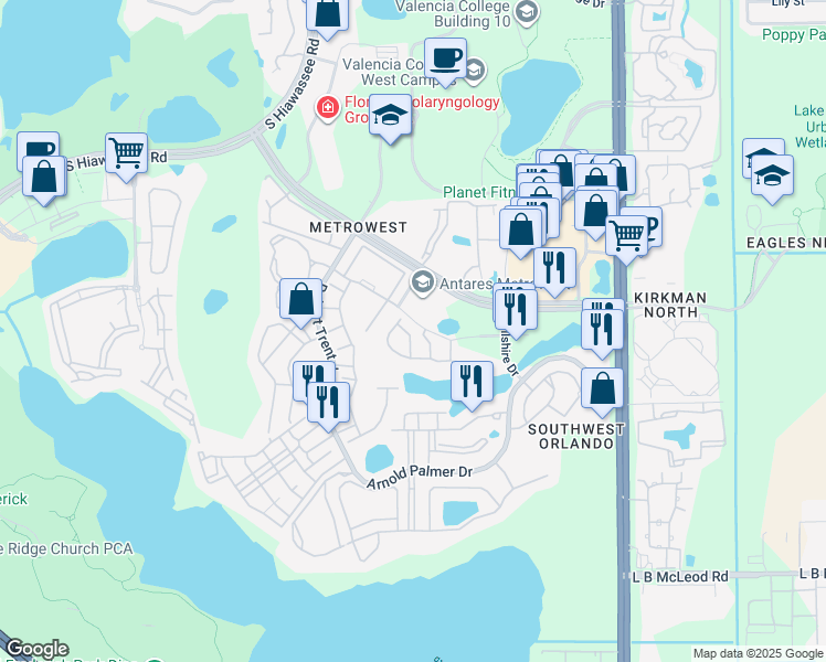 map of restaurants, bars, coffee shops, grocery stores, and more near 6150 Metrowest Boulevard in Orlando