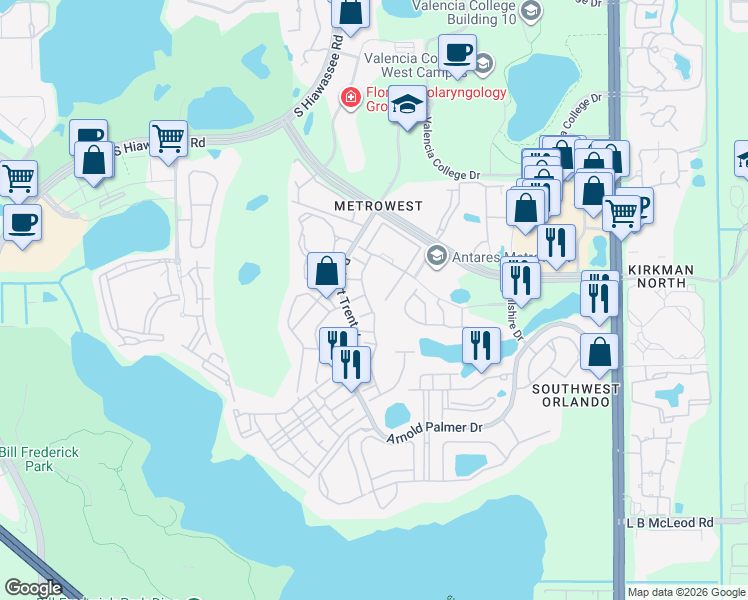map of restaurants, bars, coffee shops, grocery stores, and more near 2679 Metro Sevilla Drive in Orlando
