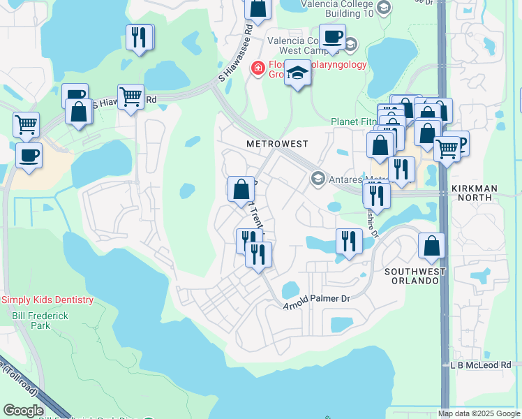 map of restaurants, bars, coffee shops, grocery stores, and more near 2674 Robert Trent Jones Drive in Orlando