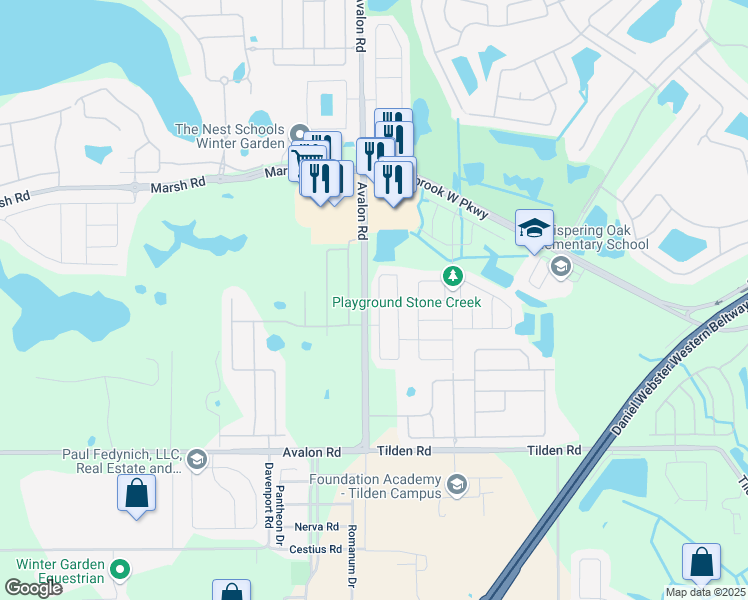 map of restaurants, bars, coffee shops, grocery stores, and more near 1846 Portcastle Circle in Winter Garden