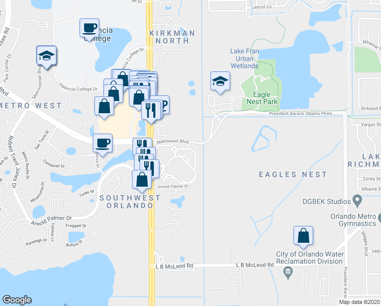 map of restaurants, bars, coffee shops, grocery stores, and more near 5518 Metrowest Boulevard in Orlando